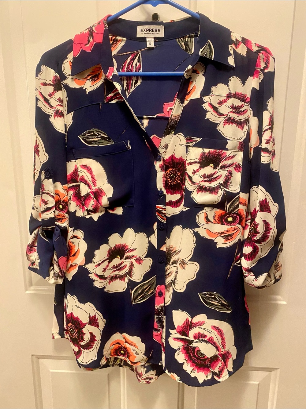 Express Navy Floral Button-Down Shirt with Pink & White Blooms